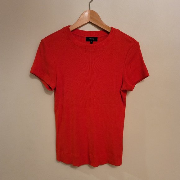 Theory Tiny Tee in Ribbed Cotton - Tomato - Picture 1 of 4